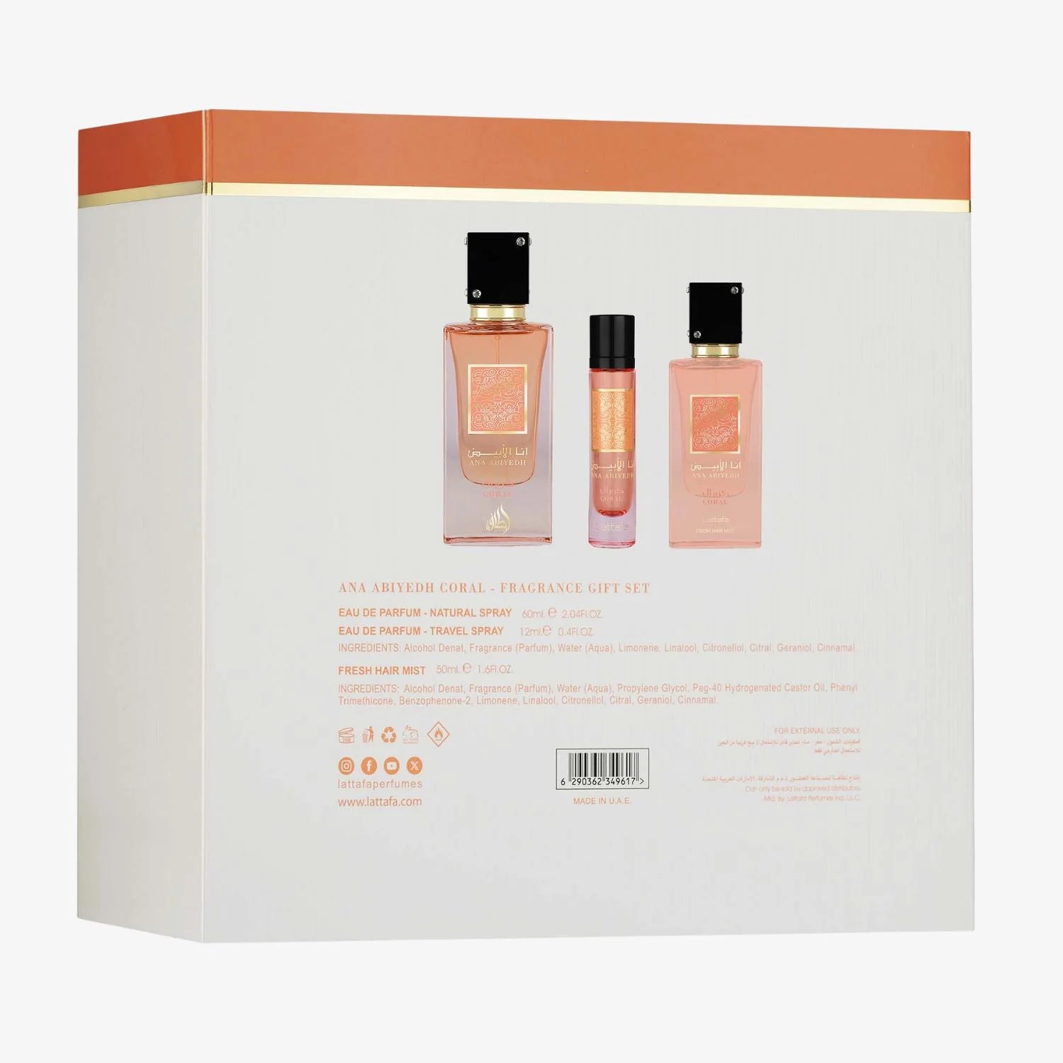 Ana Abiyedh Coral Gift Set including 60ml Eau De Parfum, Travel Spray – 12ml, Fresh Hair Mist 50ml watermelon peach orange coconut white florals vanilla musk