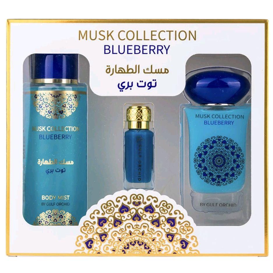 Blueberry Musk Gift Set Gulf Orchid 60ml Eau de Parfum, 12ml concentrated perfume oil, 250ml body mist fruity clean airy musk