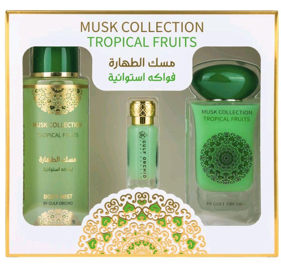 Tropical Fruits Musk Gift Set Gulf Orchid 60ml Eau de Parfum, 12ml concentrated perfume oil, 250ml body mist fruity airy floral musk