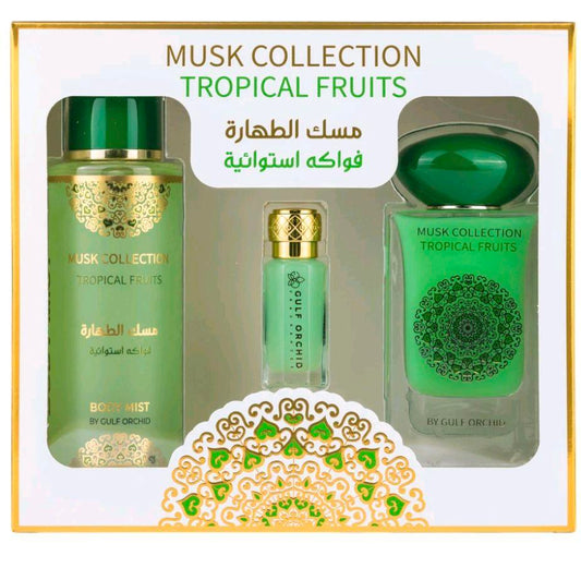 Tropical Fruits Musk Gift Set Gulf Orchid 60ml Eau de Parfum, 12ml concentrated perfume oil, 250ml body mist fruity airy floral musk