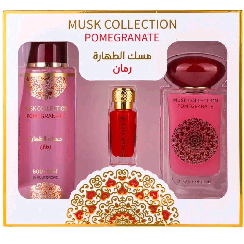 Pomegranate Musk Gulf Orchid Gift Set 60ml Eau de Parfum, 12ml concentrated perfume oil and 250ml body mist fruity floral clean musk