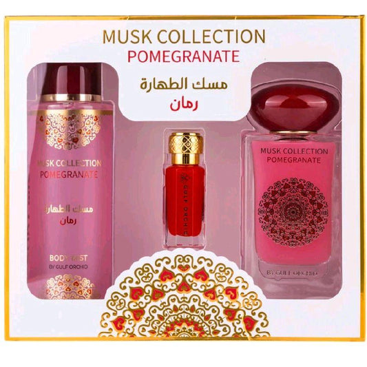 Pomegranate Musk Gulf Orchid Gift Set 60ml Eau de Parfum, 12ml concentrated perfume oil and 250ml body mist fruity floral clean musk