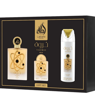 Lattafa Pride Tharwah Gold Giftset 100ml Eau de Parfum + 200ml Perfumed Body Spray + 20ml Travel EDP and a Refillable Bottle aromatic floral Jasmine orange blossom vanilla Vetiver amber