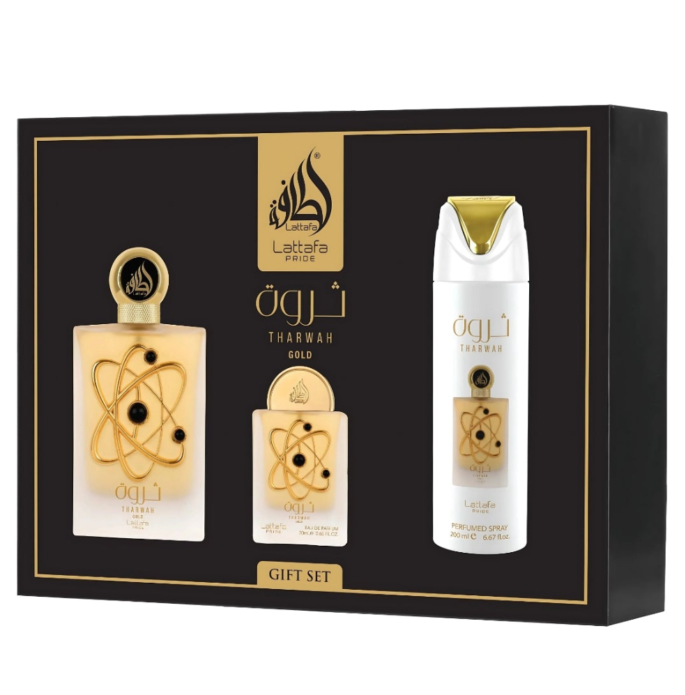 Lattafa Pride Tharwah Gold Giftset 100ml Eau de Parfum + 200ml Perfumed Body Spray + 20ml Travel EDP and a Refillable Bottle aromatic floral Jasmine orange blossom vanilla Vetiver amber