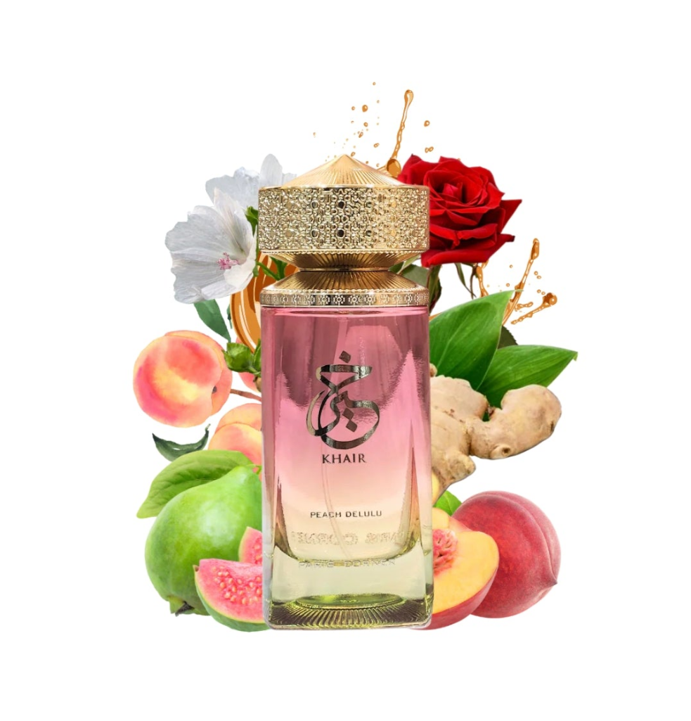 Khair Delulu 100ml Eau de Parfum Peach, Nectarine, Guava, Ginger, Cardamom, Rose Musk, Caramel, Dry wood
