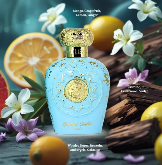 Opulent Dubai 100ml Eau de Parfum fruity citrus ginger mango jasmine violet cedarwood ambergris oakmoss benzoin
