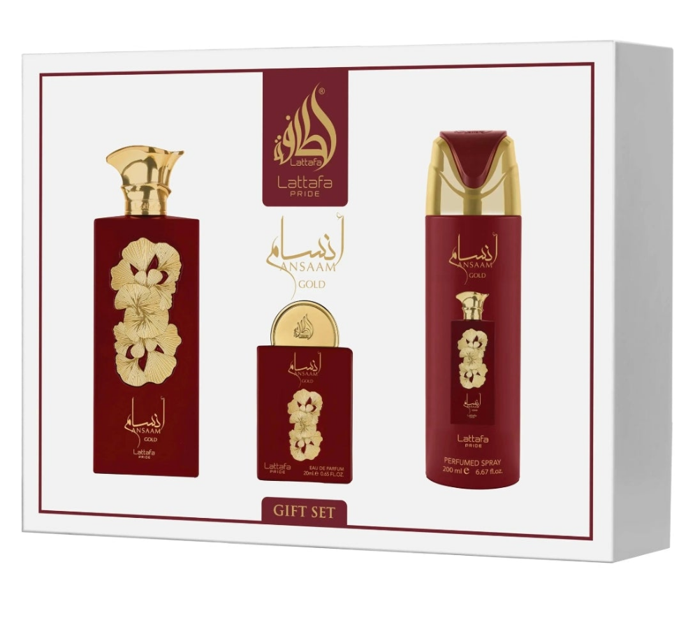 Ansaam Gold 3pc Giftset -100ml Eau de Parfum + 200ml Perfumed Body Spray + 20ml Travel EDP and a Refillable Bottle fruity sweet rose Jasmine candy vanilla musk