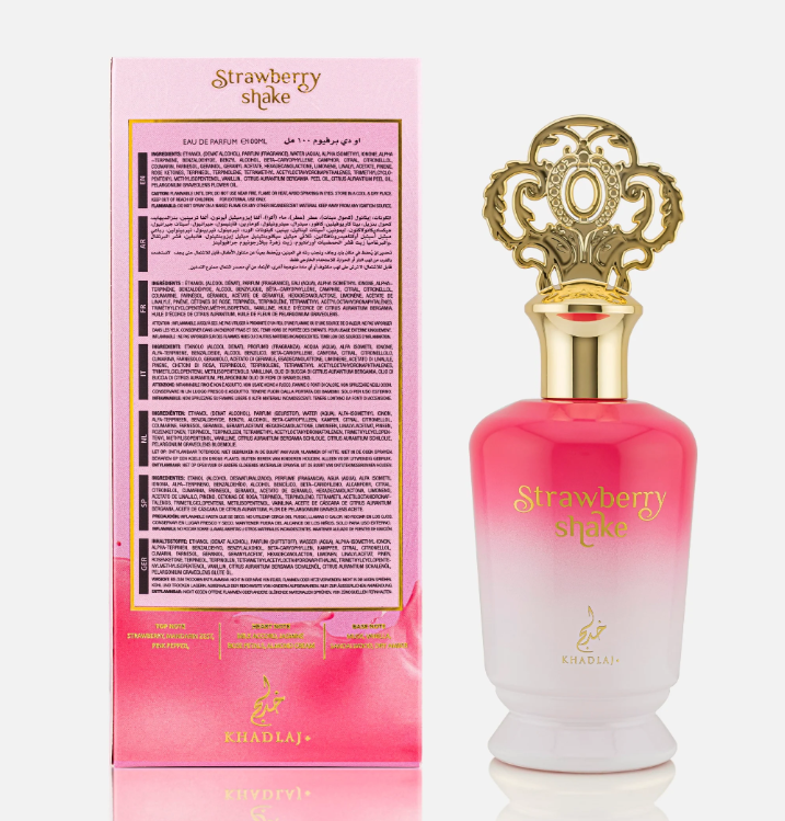Khadlaj Strawberry Shake 100ml Eau de Parfum strawberry mandarin pink pepper milk jasmine rose almond cream musk vanilla sandlewood amber
