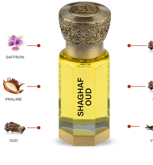 Shaghaf Oud 12ml concentrated perfume oil gourmand vanilla oud with saffron praline and rose
