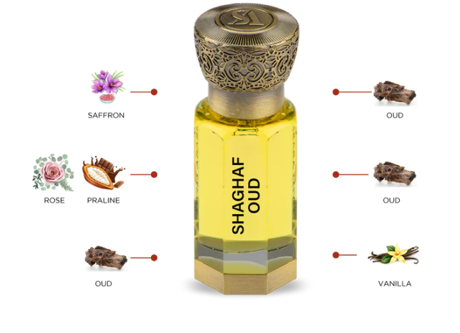 Shaghaf Oud 12ml concentrated perfume oil gourmand vanilla oud with saffron praline and rose