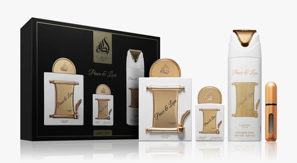 Peace & Love Gift Set almond blackcurrent rose tuberose sandlewood vanilla 4 peice gift set travel spray body spray
