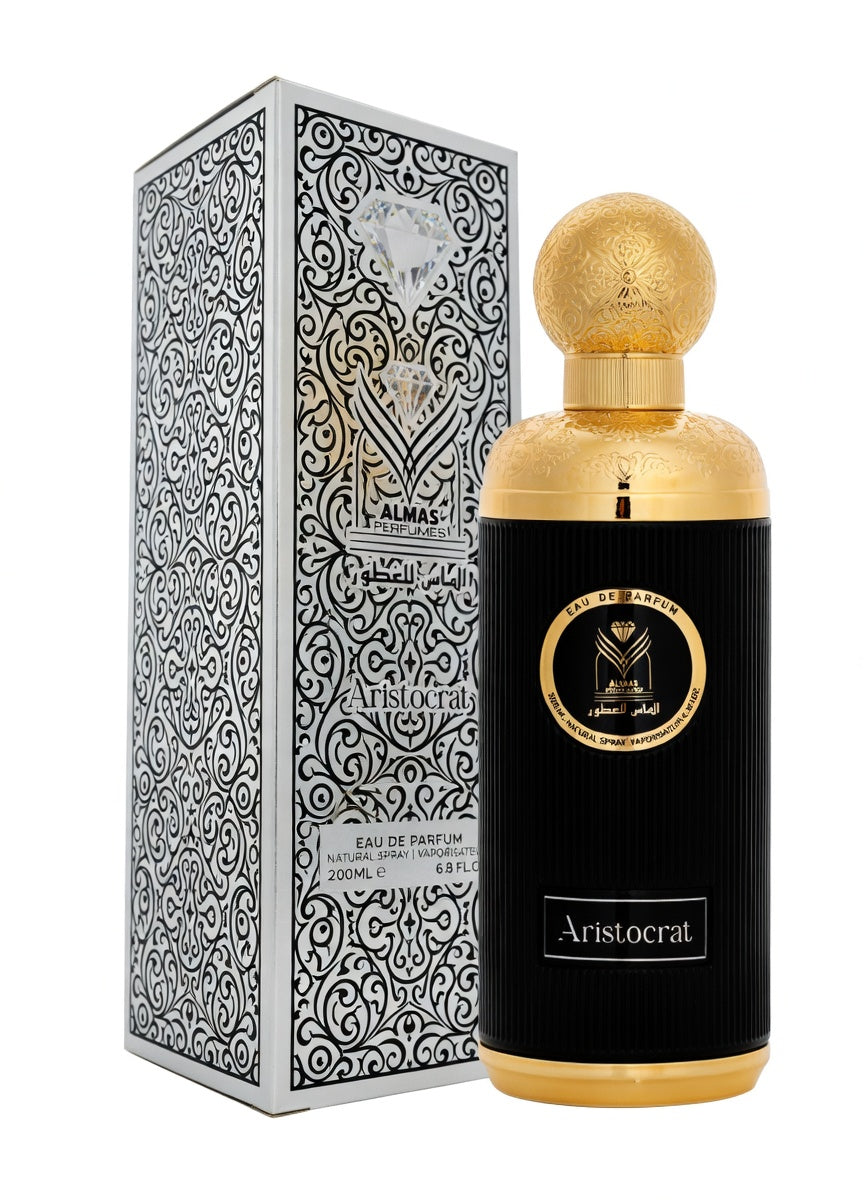 Almas Aristocrat is a refined Eau de Parfum 200ml aldehydic freshness, zesty bergamot, juicy grapefruit, spicy ginger Cashmere, Lavender Moss, Patchouli, Musk, Sandlewood