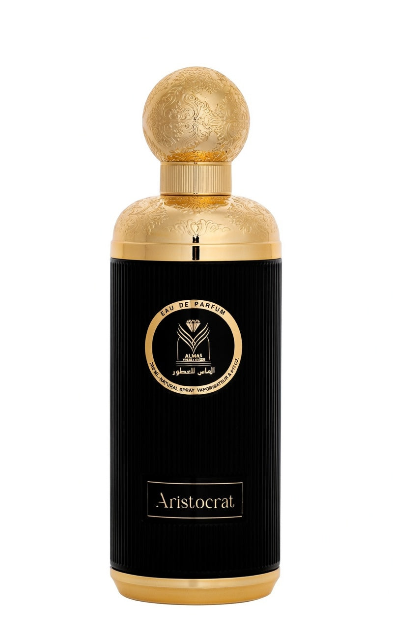 Almas Aristocrat is a refined Eau de Parfum 200ml aldehydic freshness, zesty bergamot, juicy grapefruit, spicy ginger Cashmere, Lavender Moss, Patchouli, Musk, Sandlewood