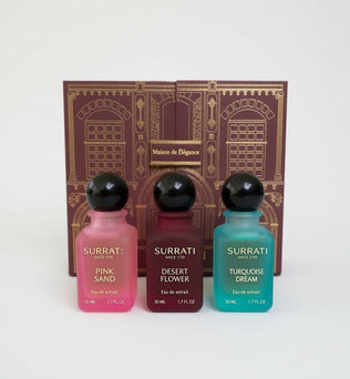 Surrati Maison de Élégance 3-Piece Gift Set, an exquisite collection of three luxurious 50ml Extrait de Parfum fragrances Pink Sand, Turquoise Dream, Desert Flower