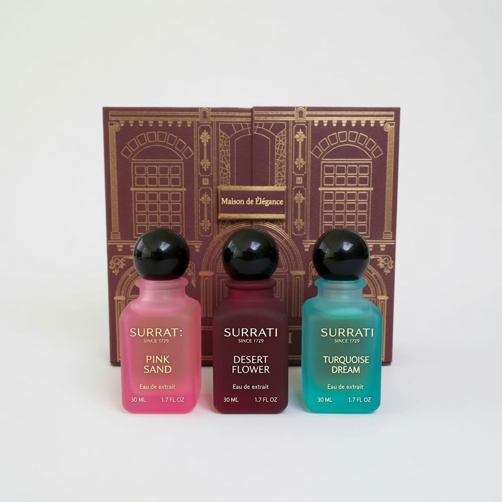 Surrati Maison de Élégance 3-Piece Gift Set, an exquisite collection of three luxurious 50ml Extrait de Parfum fragrances Pink Sand, Turquoise Dream, Desert Flower