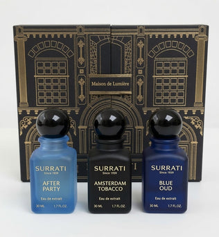 Maison de Lumière 3-Piece Gift Set - including three 50ml Extrait de parfum Afterparty, Blue Oud, Amsterdam Tobacco