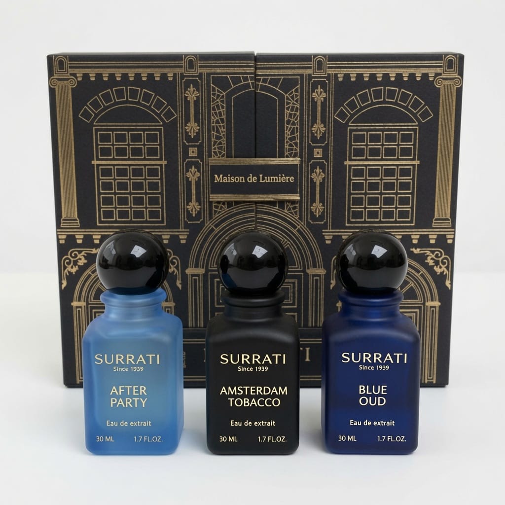 Maison de Lumière 3-Piece Gift Set - including three 50ml Extrait de parfum Afterparty, Blue Oud, Amsterdam Tobacco