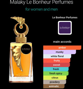 Malaky Le Bonheur Perfumes for women and men 100ml Ginger and Pear Orange Blossom Ambroxan Amber and Musk.