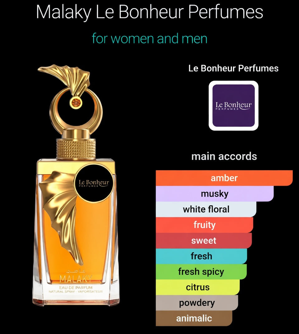 Malaky Le Bonheur Perfumes for women and men 100ml Ginger and Pear Orange Blossom Ambroxan Amber and Musk.
