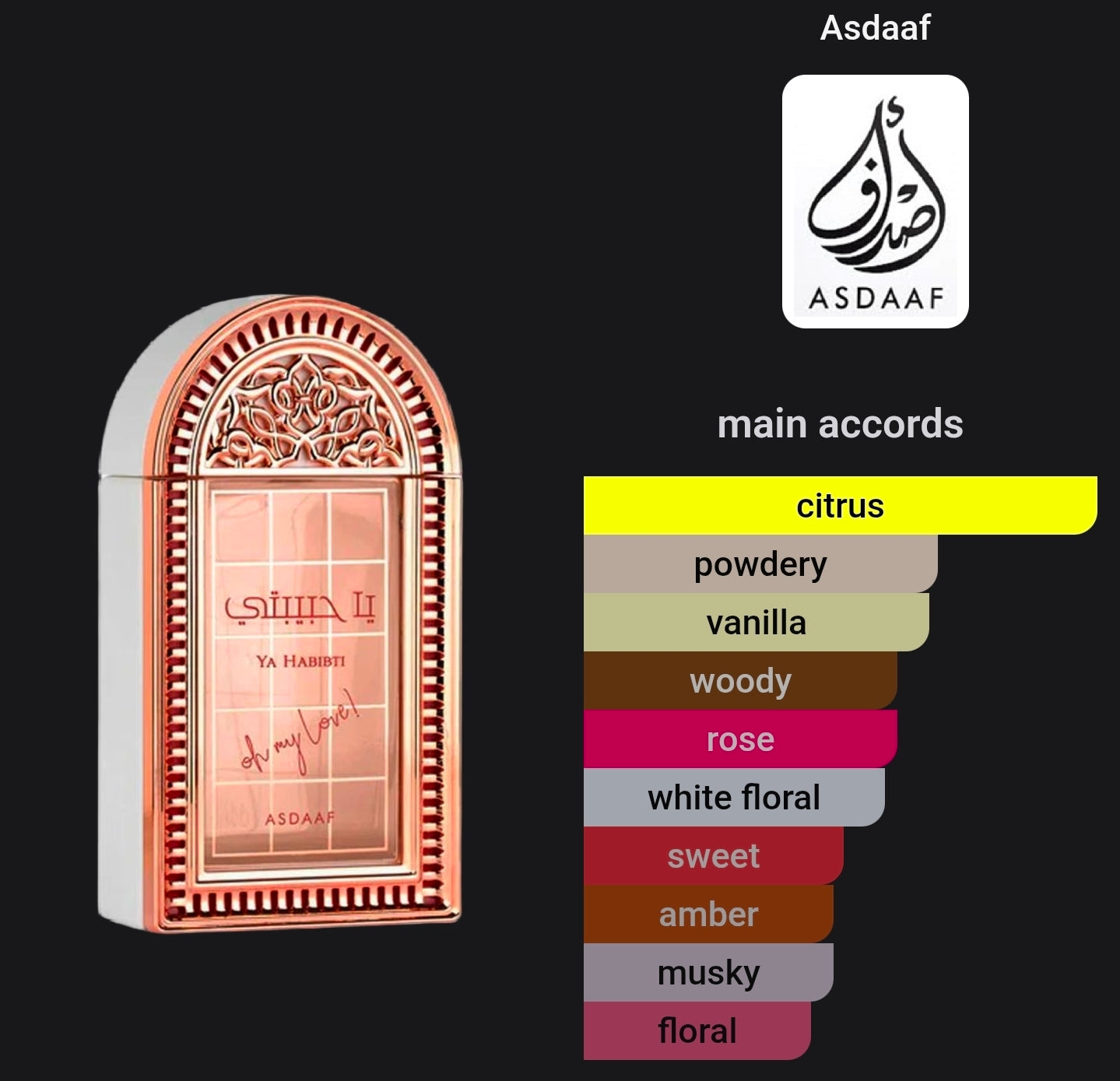 Ya Habibti Oh My Love Asdaaf for women Eau De Parfum 100ml Floral Tangerine Rose Jasmine Vanilla Sandlewood Musk Amber