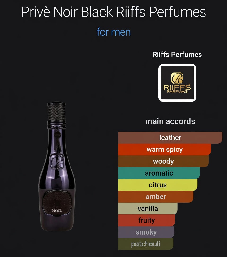 Privè Noir Black by Riiffs Perfumes Eau De Parum 100ml Grapefruit, Cardamom and Apple Tonka Bean, Leather, Amberwood, Suede and Birch.
