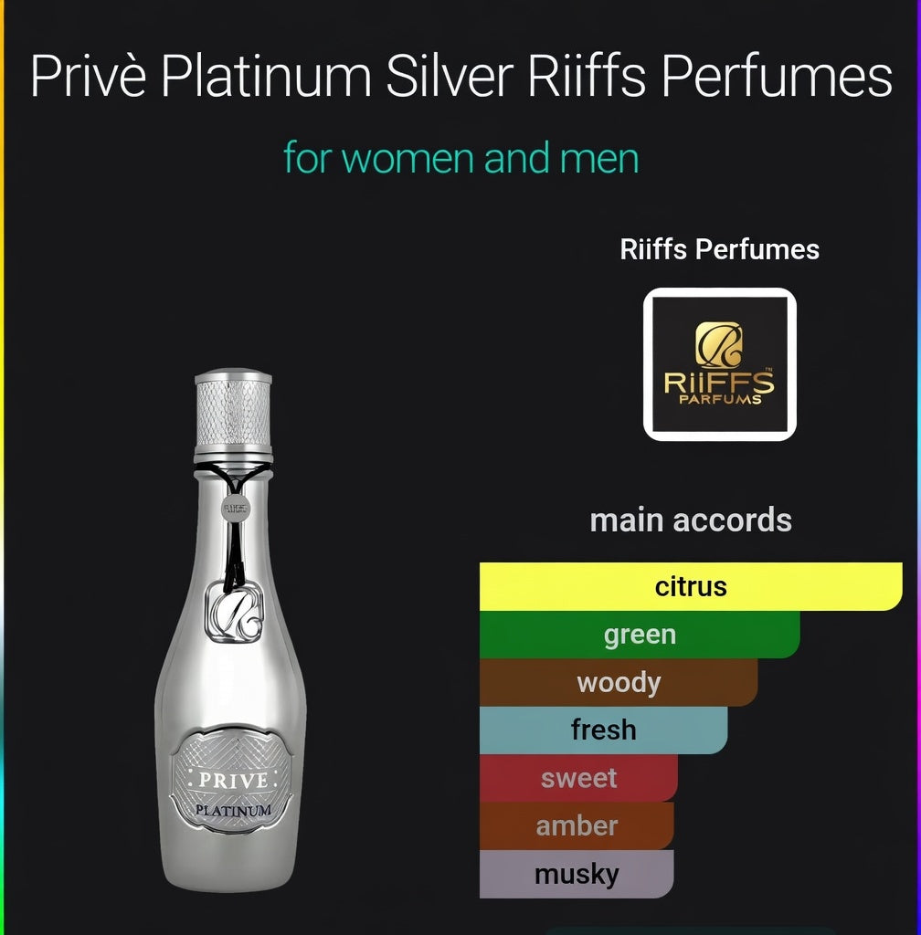 Privè Platinum Silver by Riiffs Eau De Parfum 100ML Lemon Zest, Orange White Tea, Fig Lea Amberwood, Cedar Musk