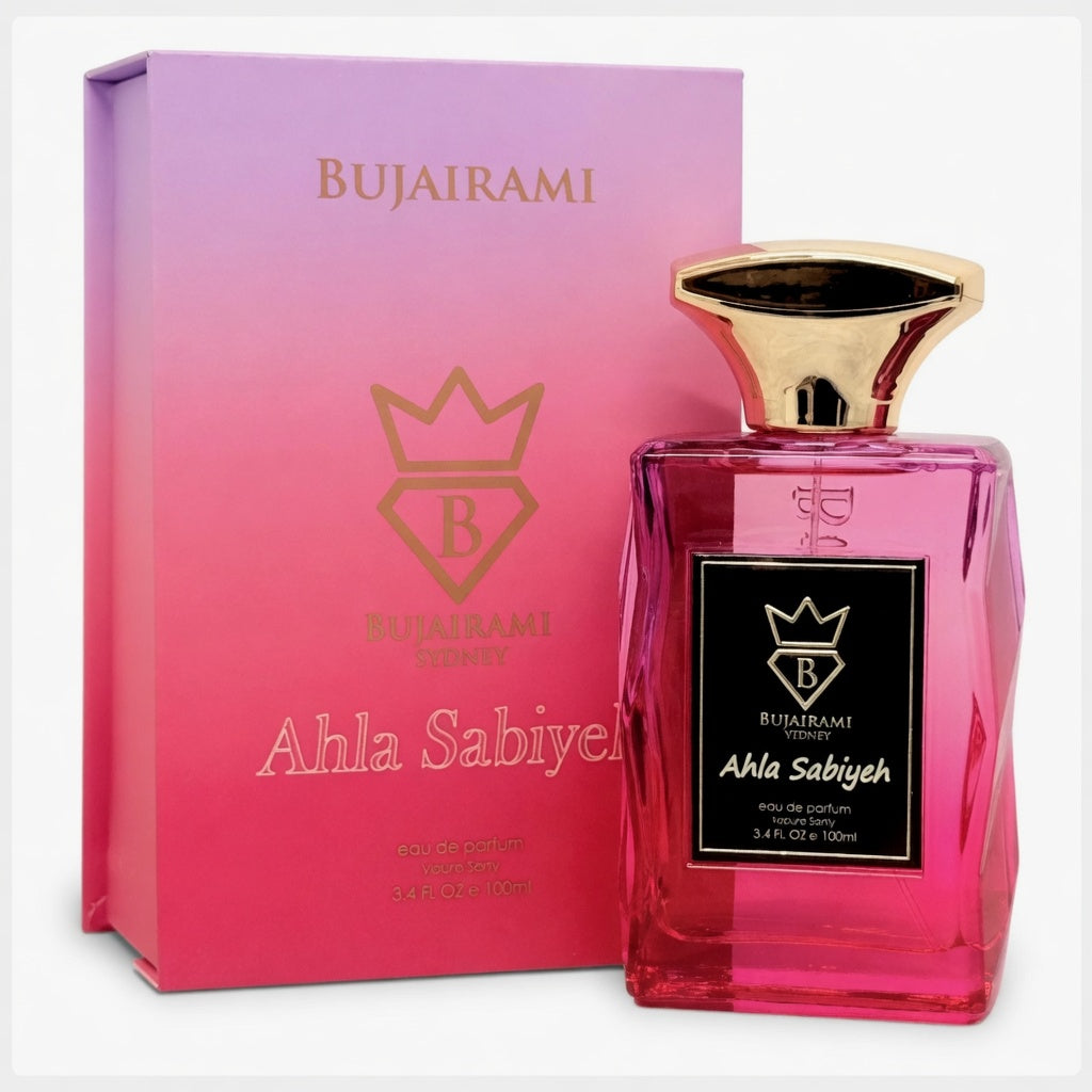 Ahla Sabiyeh 100ml Eau de Parfum by Bujairami | pear peach mandarin jasmine rose tuberose musk vanilla cedar.