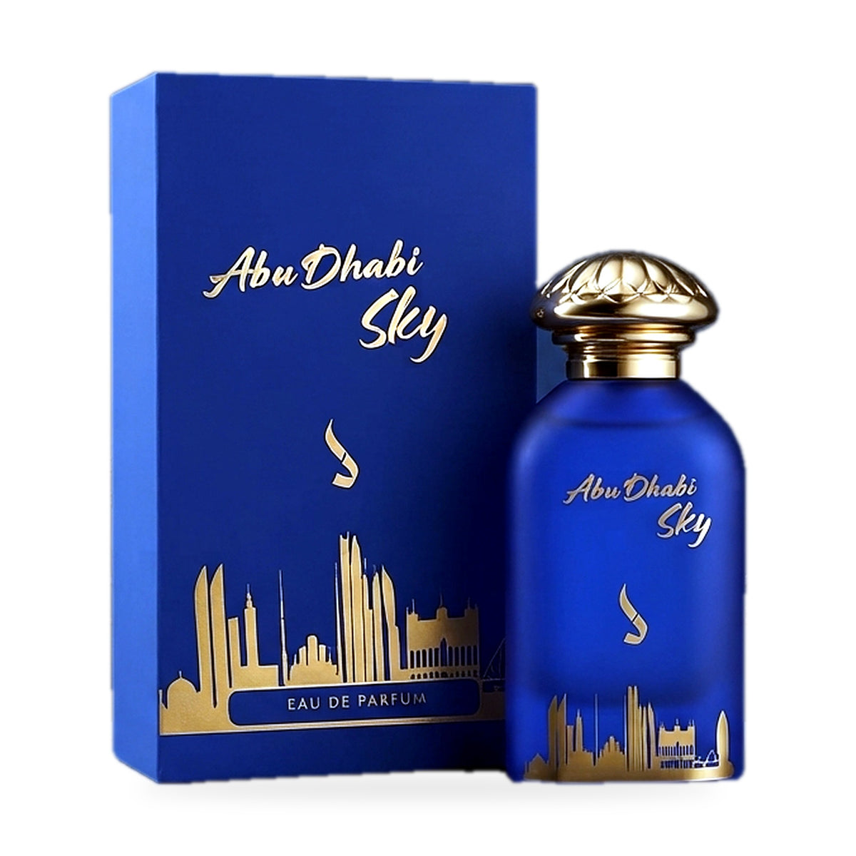 Abu Dhabi Sky by Dkhoni Eau de Parfum 100ml bottle with blue and gold gift box packaging