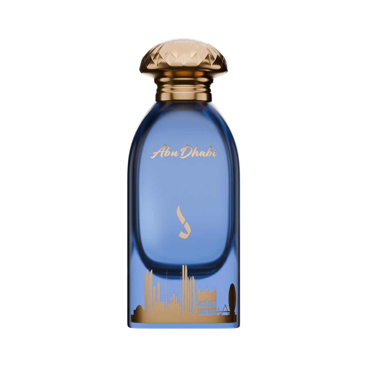 Abu Dhabi Sky by Dkhoni Eau de Parfum 100ml – blue glass bottle with gold Abu Dhabi skyline and faceted gold cap on white background