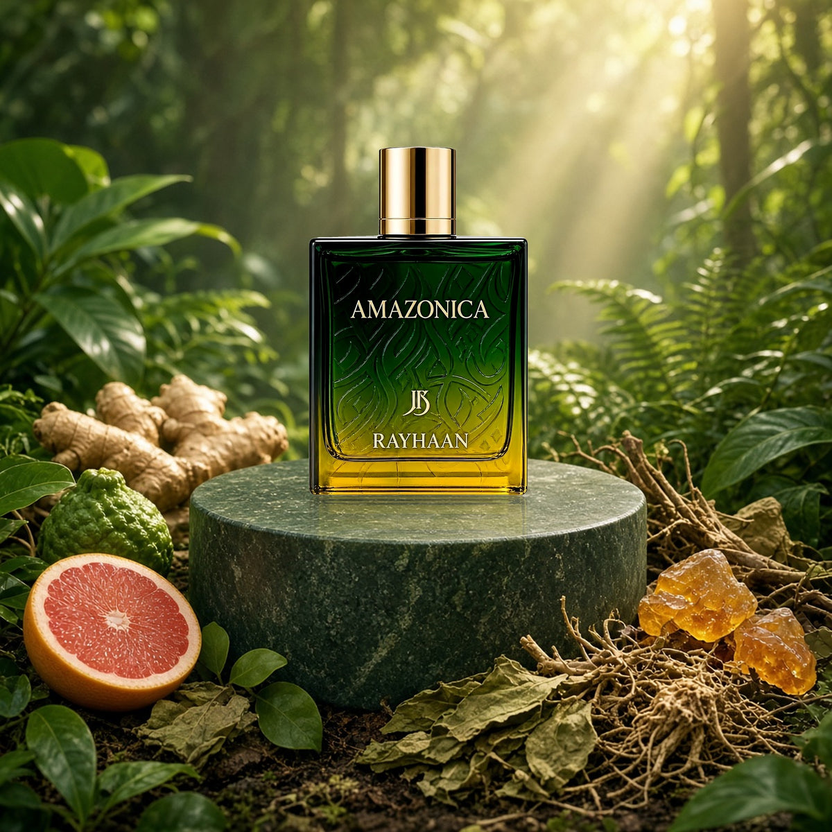 Amazonica by Rayhaan with grapefruit, bergamot, ginger, vetiver and amber in the rainforest