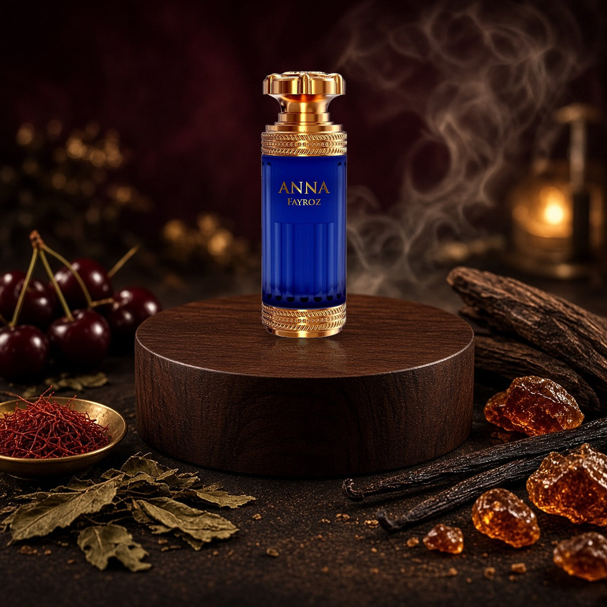 Anna Fayroz by Jean Antoine 100ml eau de parfum bottle with cherry, saffron, oud wood, vanilla and amber