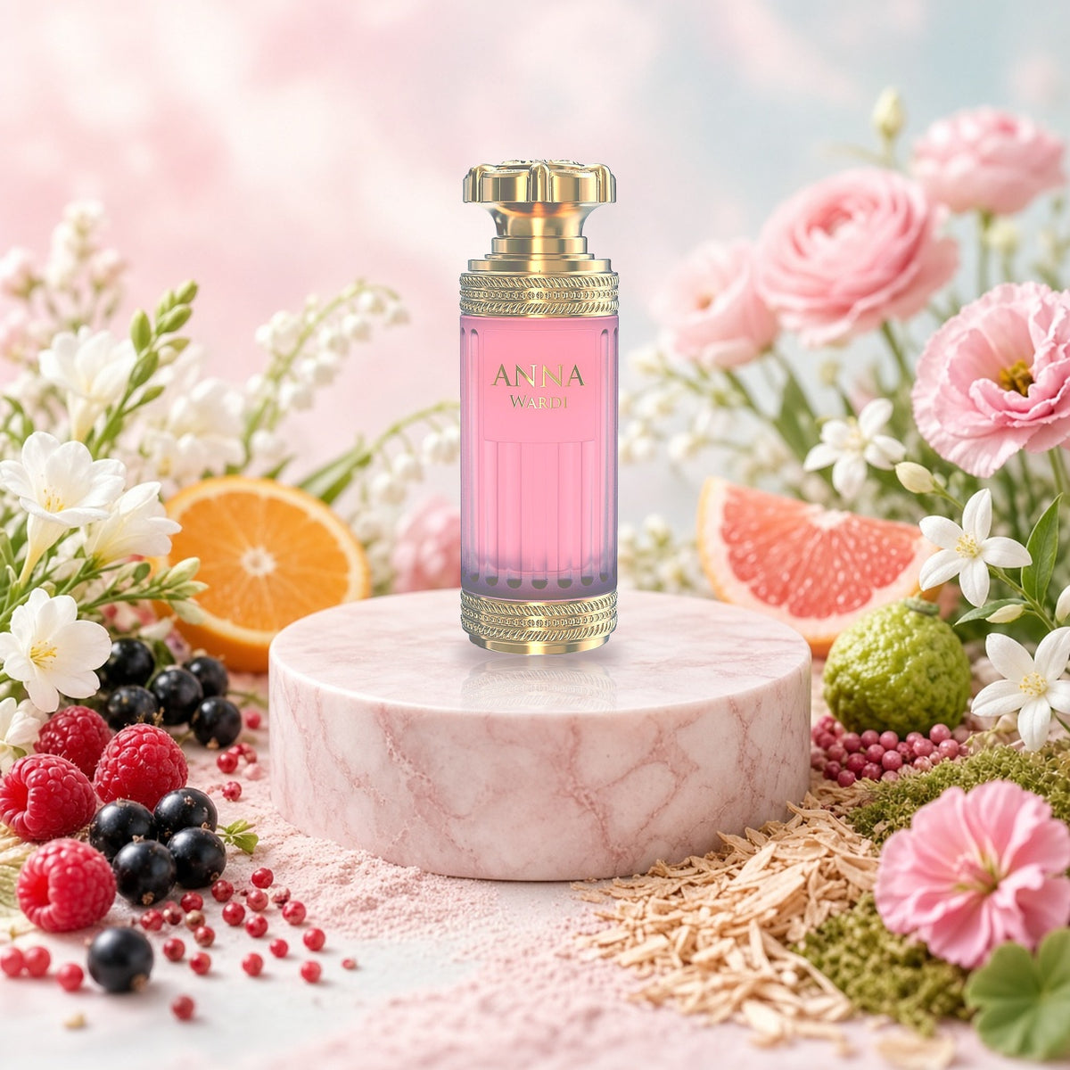 Anna Wardi by Jean Antoine 100ml eau de parfum bottle with raspberry, citrus, freesia, rose and jasmine