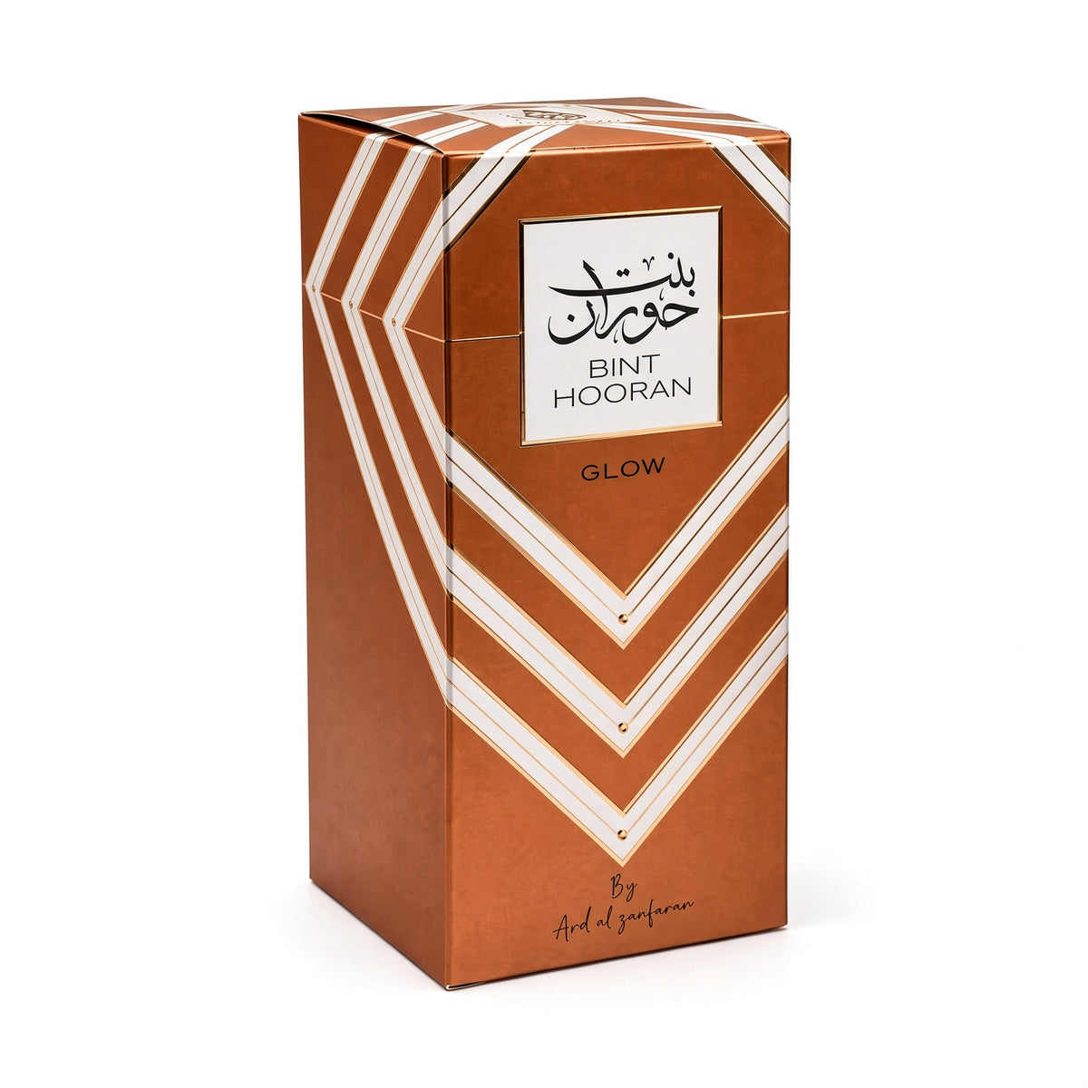 Bint Hooran Glow by Ard al Zaafaran Eau de Parfum 100ml – copper-brown gift box with white chevron stripes and Bint Hooran Glow label