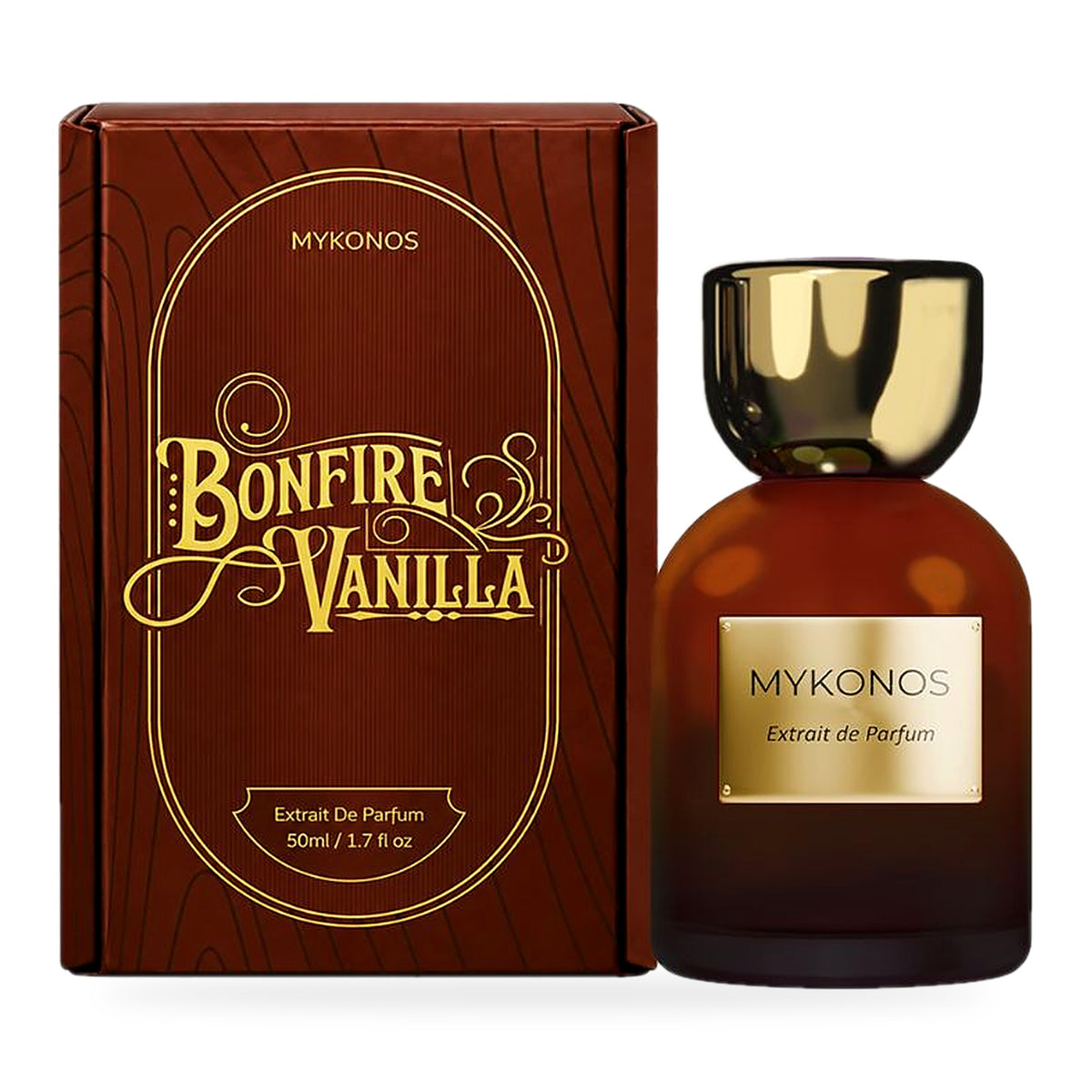 Bonfire Vanilla by Mykonos 50ml bottle with burgundy box