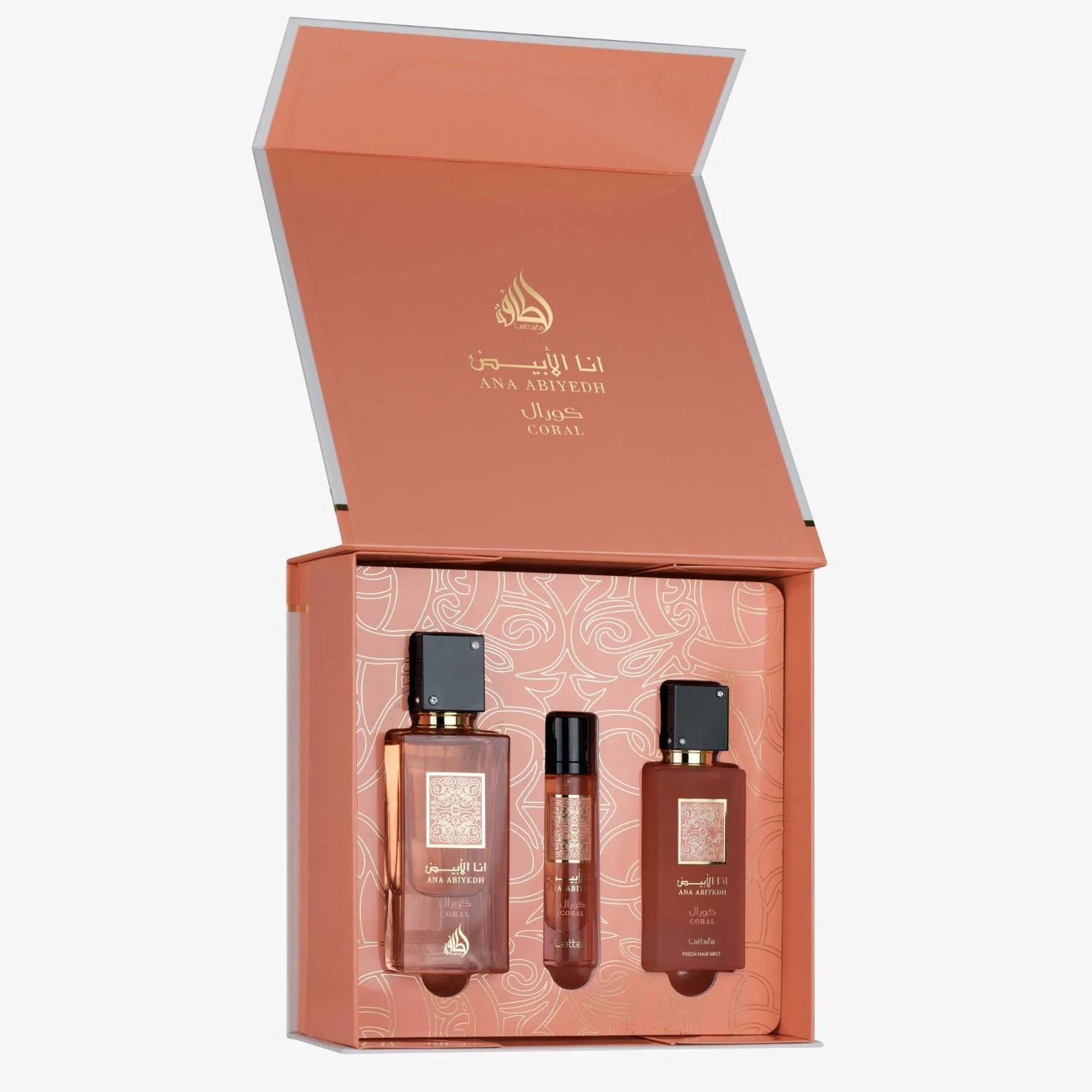 Ana Abiyedh Coral Gift Set including 60ml Eau De Parfum, Travel Spray – 12ml, Fresh Hair Mist 50ml watermelon peach orange coconut white florals vanilla musk