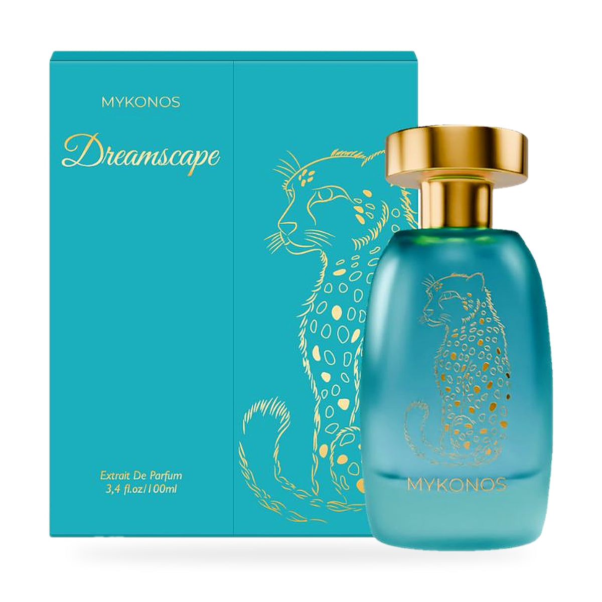 Dreamscape by Mykonos 100ml bottle with teal cheetah box