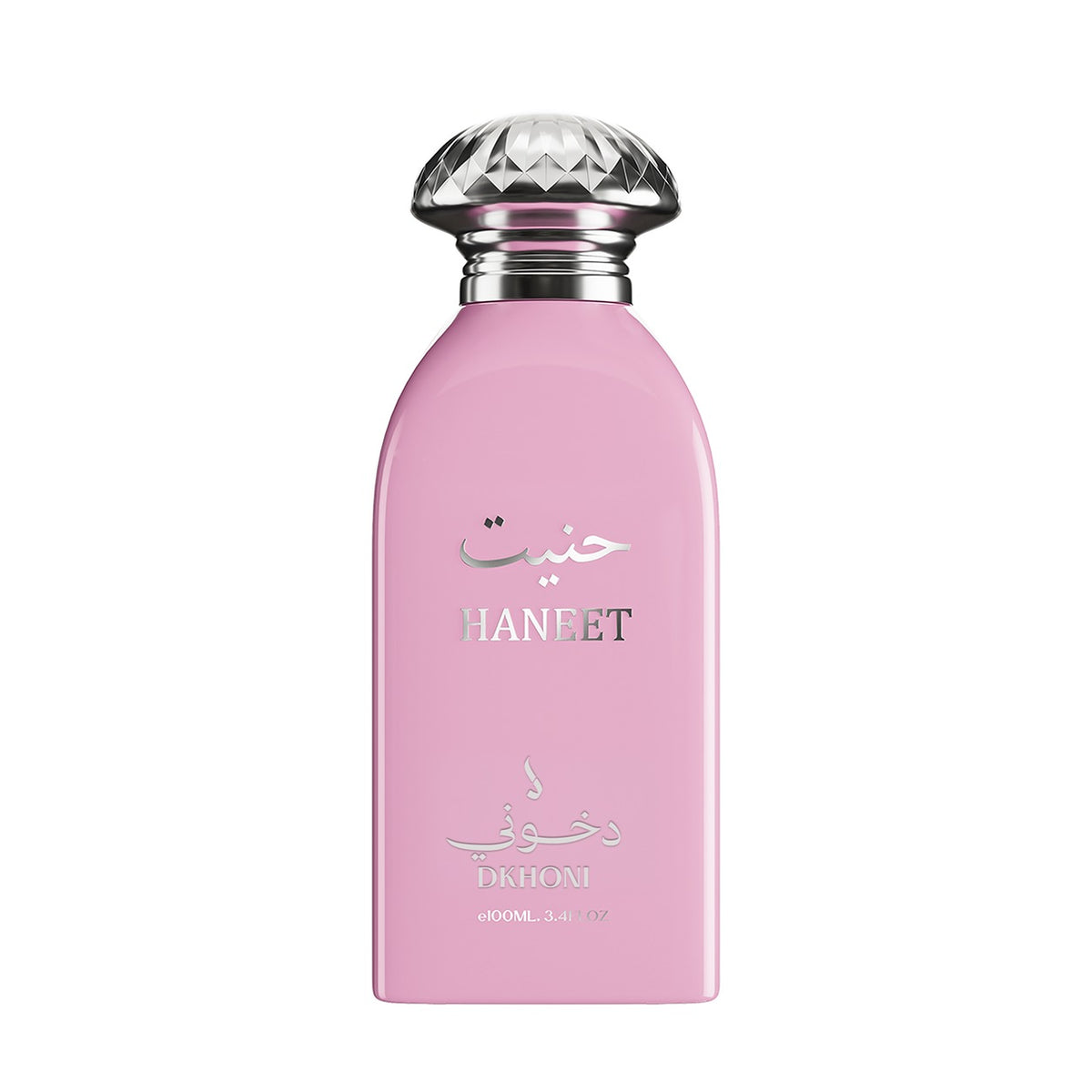 Haneet by Dkhoni Eau de Parfum 100ml – pastel pink bottle with faceted silver cap and silver Haneet lettering