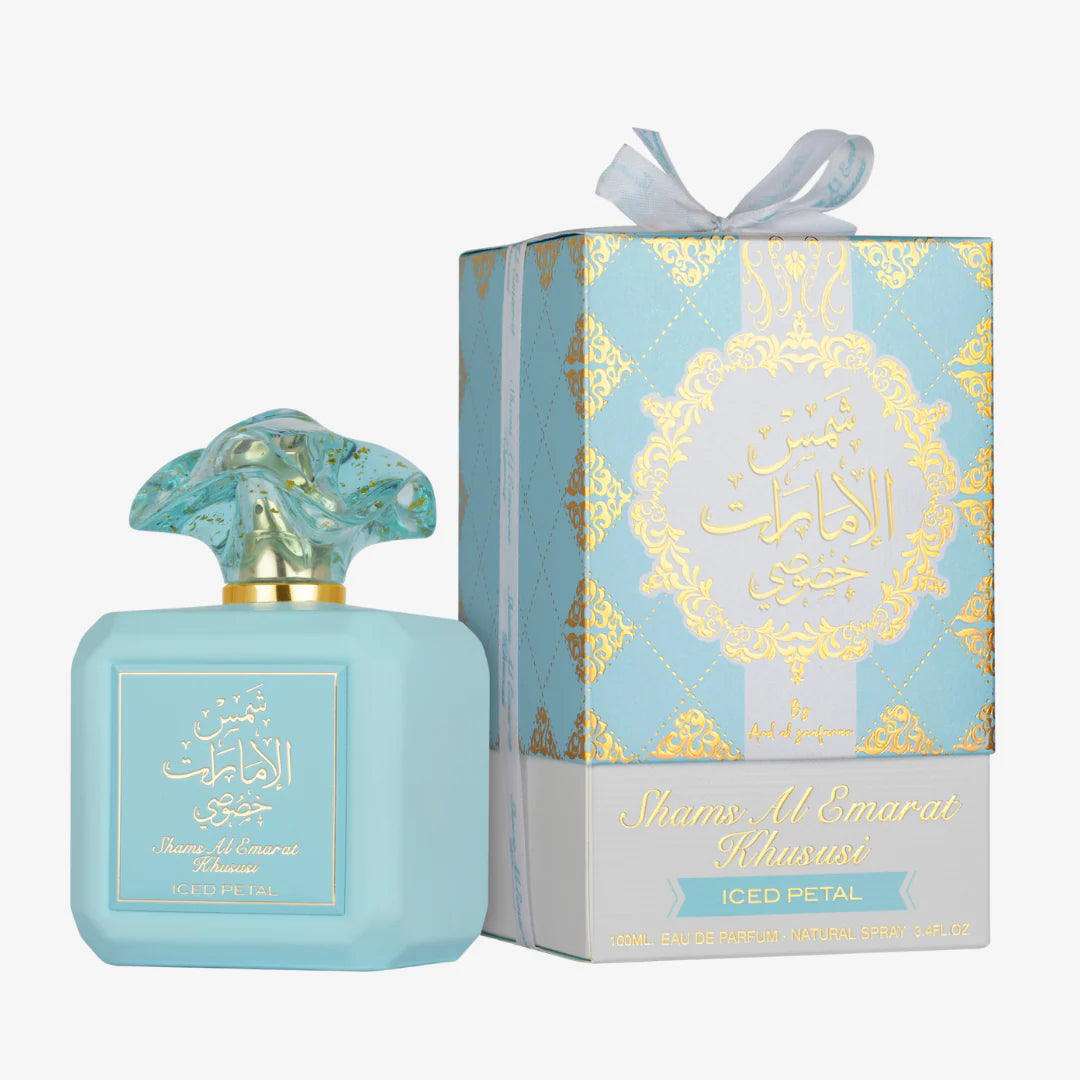 Shams Al Emarat Khususi Iced Petal 100ml eau de parfum apple lavender ginger saffron orange blossom sugar cashmere musk vanilla amber caramel