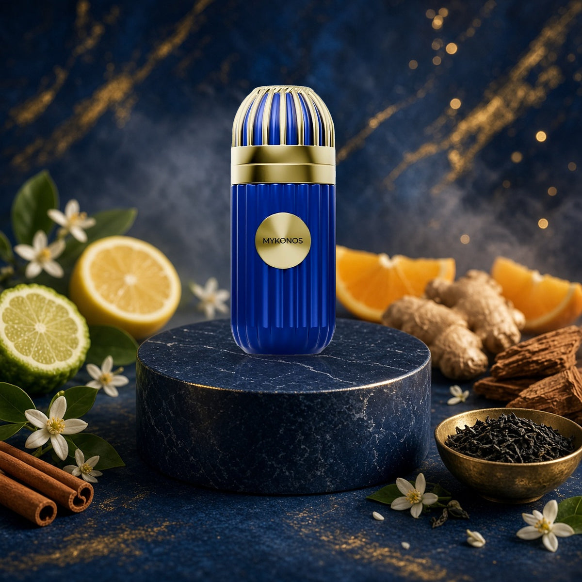 Inception by Mykonos 100ml bottle with bergamot, ginger, citrus, neroli, cinnamon, black tea and woods