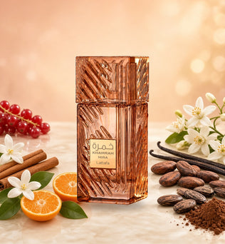 Lattafa Khamrah Mira with red currant, cinnamon, mandarin, jasmine, orange blossom, vanilla, cocoa and tonka notes