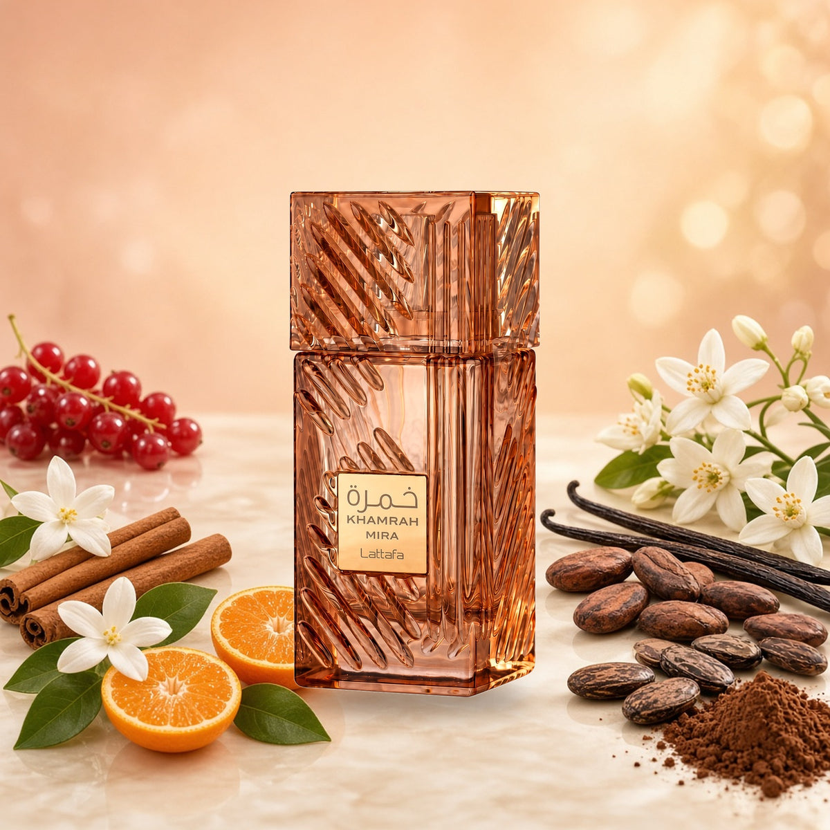 Lattafa Khamrah Mira with red currant, cinnamon, mandarin, jasmine, orange blossom, vanilla, cocoa and tonka notes