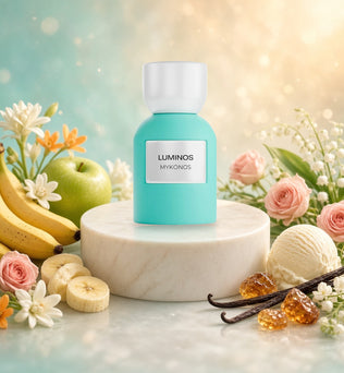 Luminos by Mykonos 50ml Extrait de Parfum with banana, apple, roses, white florals, vanilla and ice cream