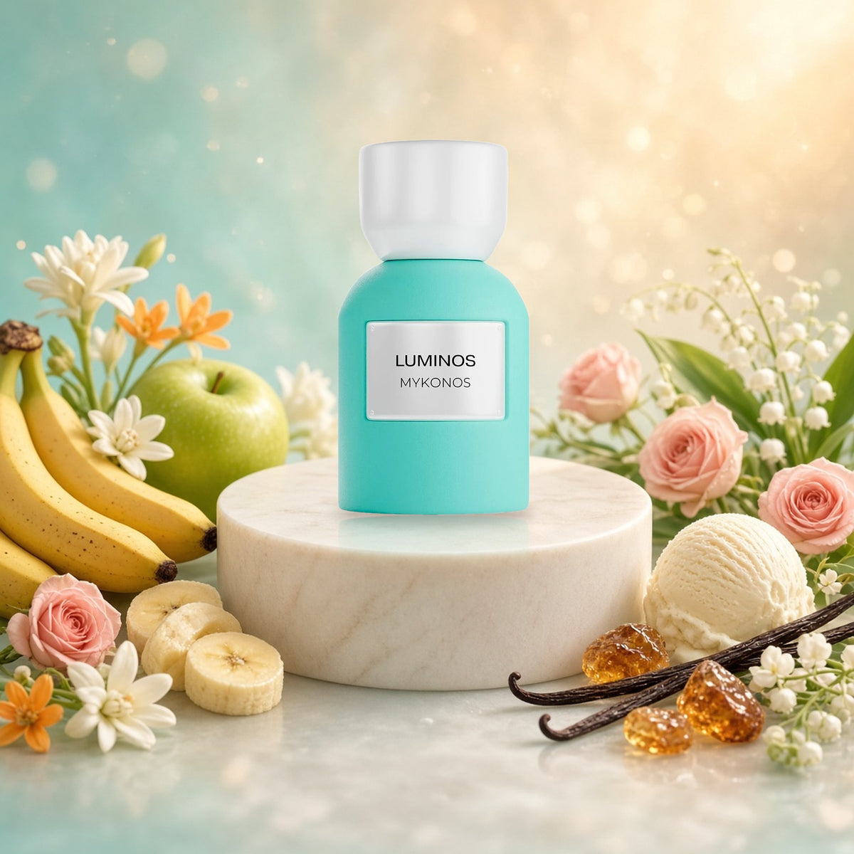 Luminos by Mykonos 50ml Extrait de Parfum with banana, apple, roses, white florals, vanilla and ice cream
