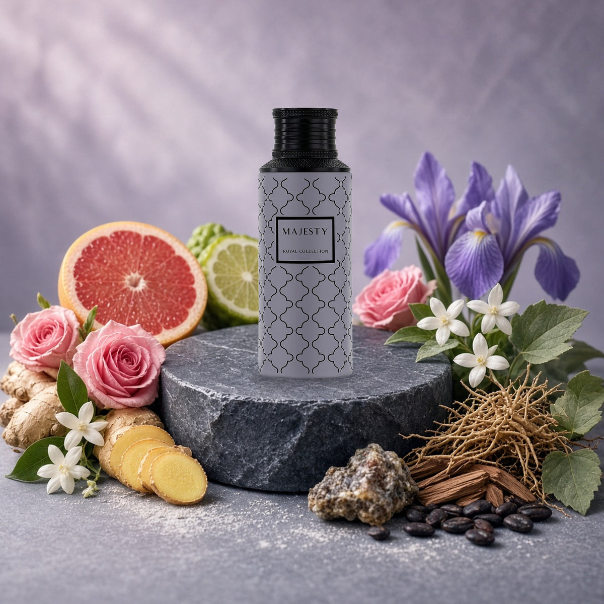 Majesty by Maison Asrar with grapefruit, ginger, rose, jasmine, iris and vetiver