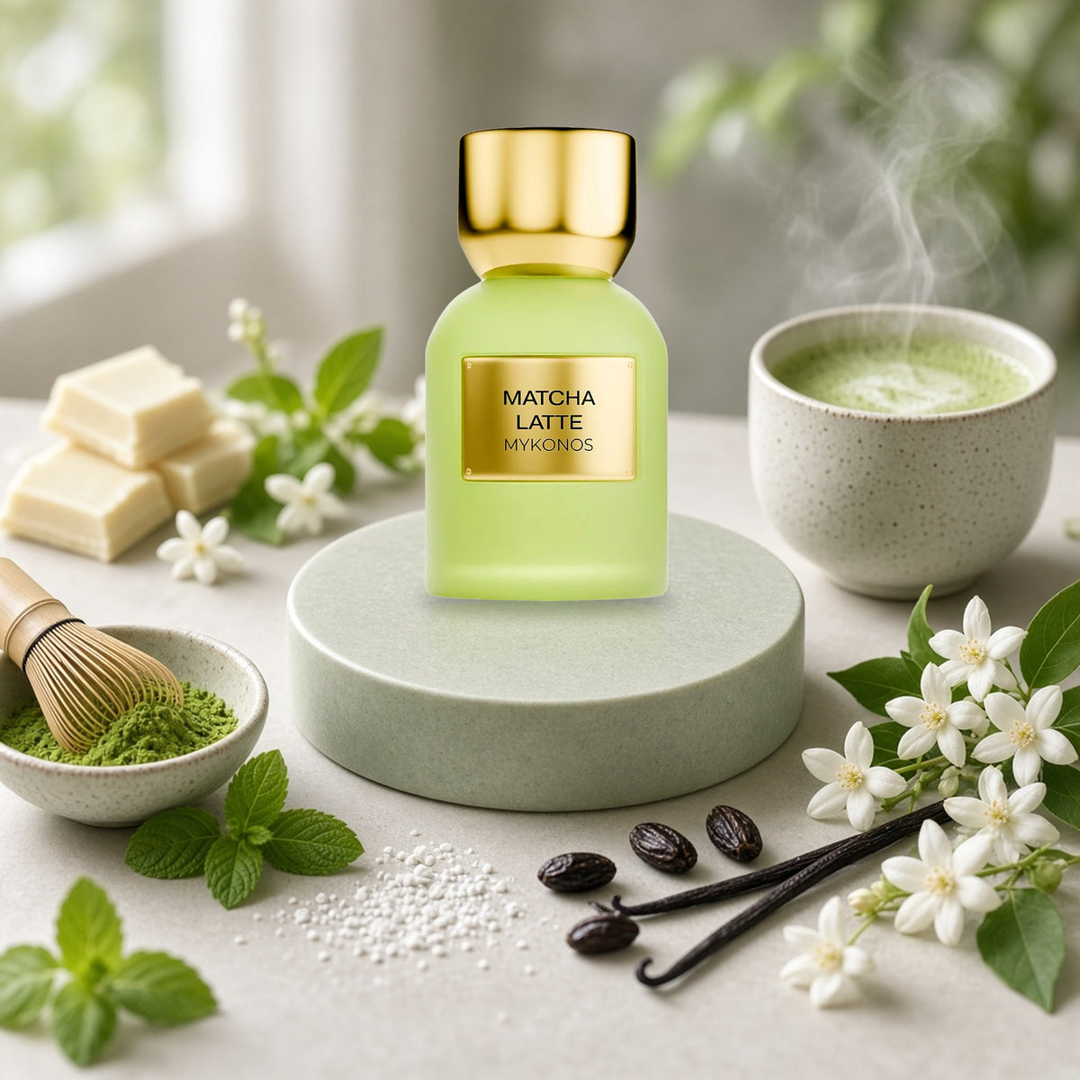 Matcha Latte by Mykonos with matcha, white chocolate, jasmine, mint and vanilla