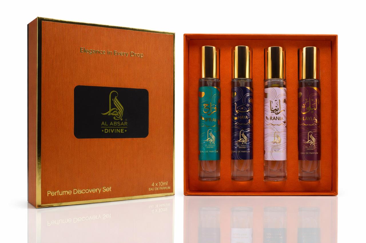 Al Absar Divine Discovery Set - 4 x 10ml Eau de Parfum featuring Layla Ifrah Rania and Haya perfect for gifting, exploring or travel