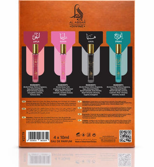 Al Absar Divine Discovery Set - 4 x 10ml Eau de Parfum featuring Layla Ifrah Rania and Haya perfect for gifting, exploring or travel