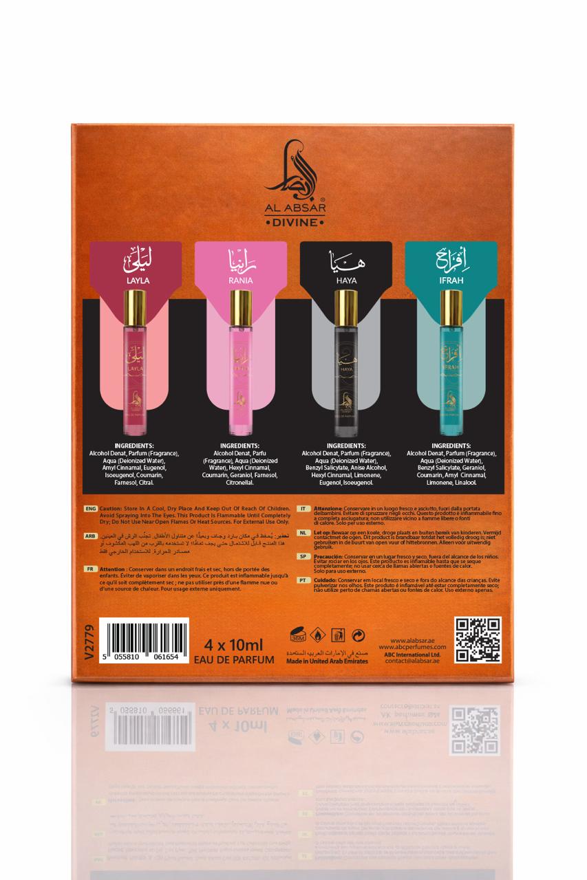 Al Absar Divine Discovery Set - 4 x 10ml Eau de Parfum featuring Layla Ifrah Rania and Haya perfect for gifting, exploring or travel