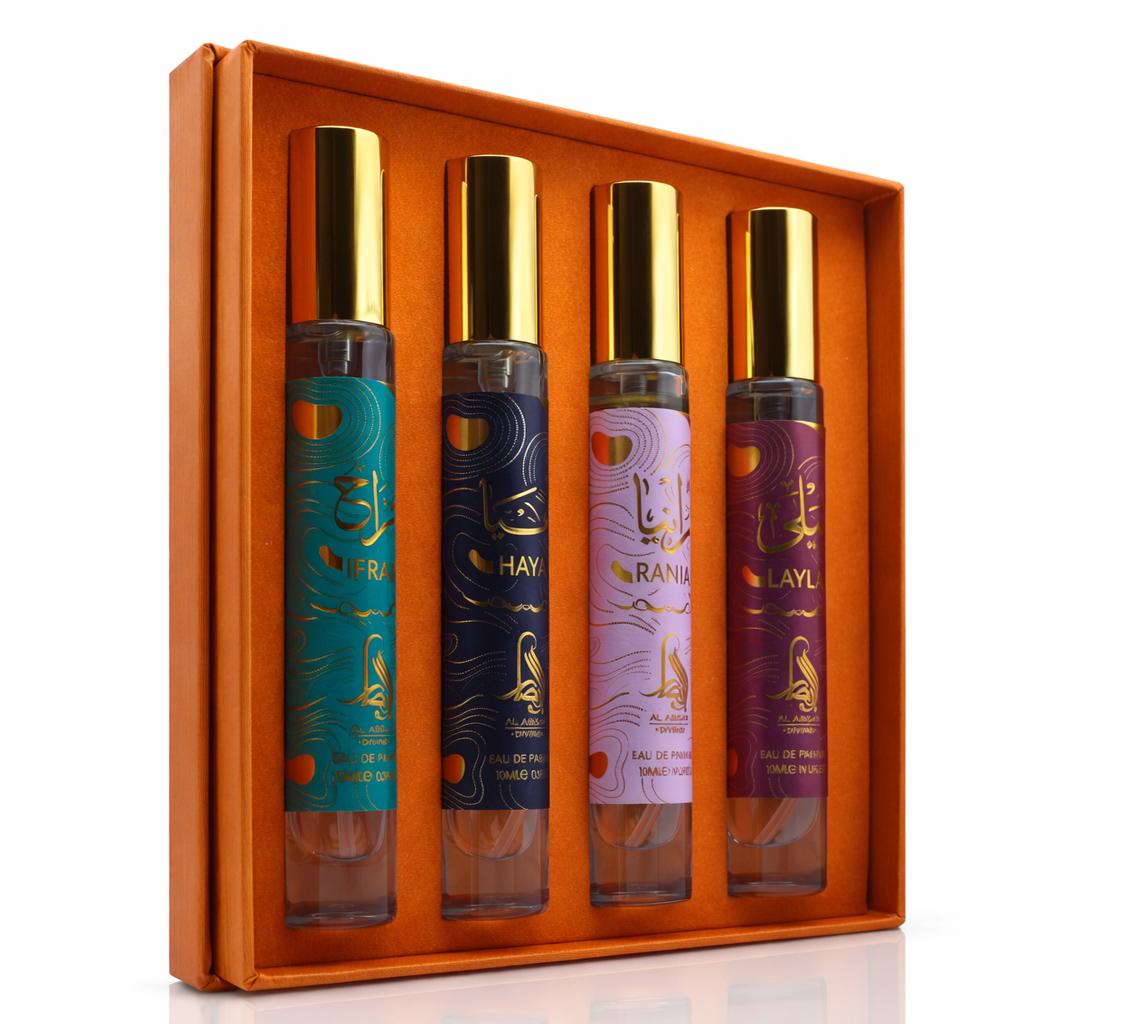 Al Absar Divine Discovery Set - 4 x 10ml Eau de Parfum featuring Layla Ifrah Rania and Haya perfect for gifting, exploring or travel