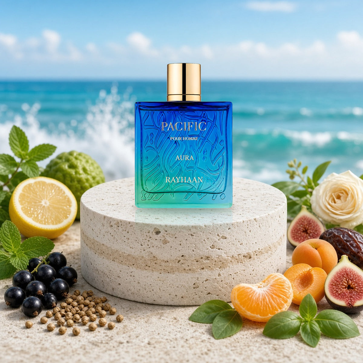 Rayhaan Pacific Aura Pour Homme 100ml bottle by the ocean with citrus, mint, apricot and fig